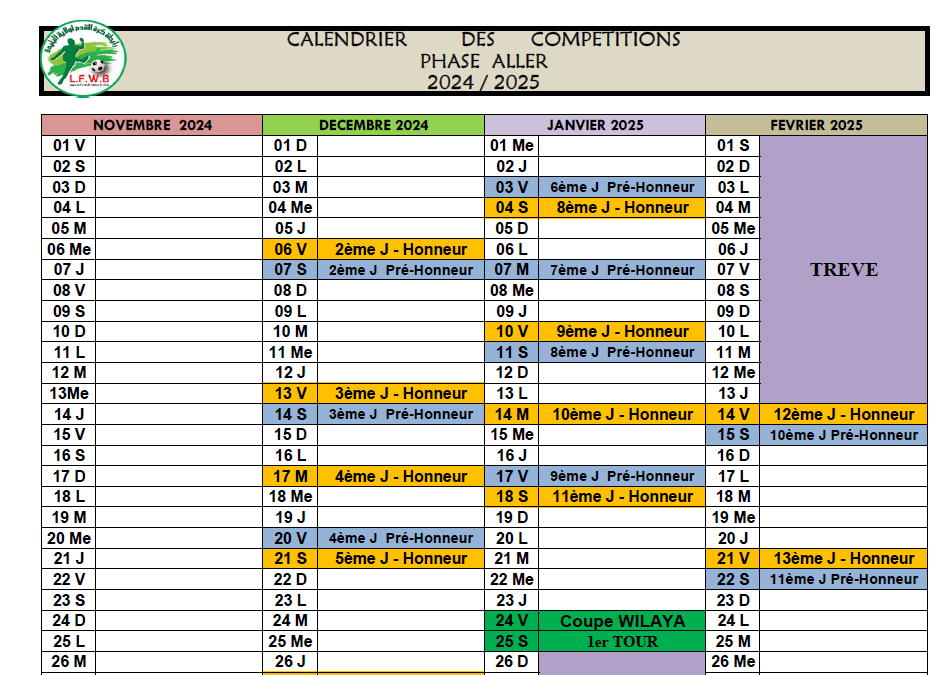 CALENDRIER DES COMPETITIONS "PHASE ALLER"